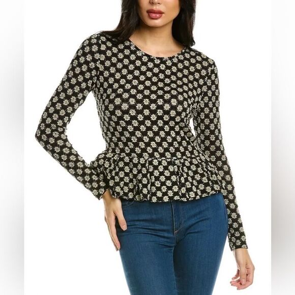 Rebecca Taylor Black & Cream Floral Lace Detail Peplum Top New XS - Picture 1 of 5